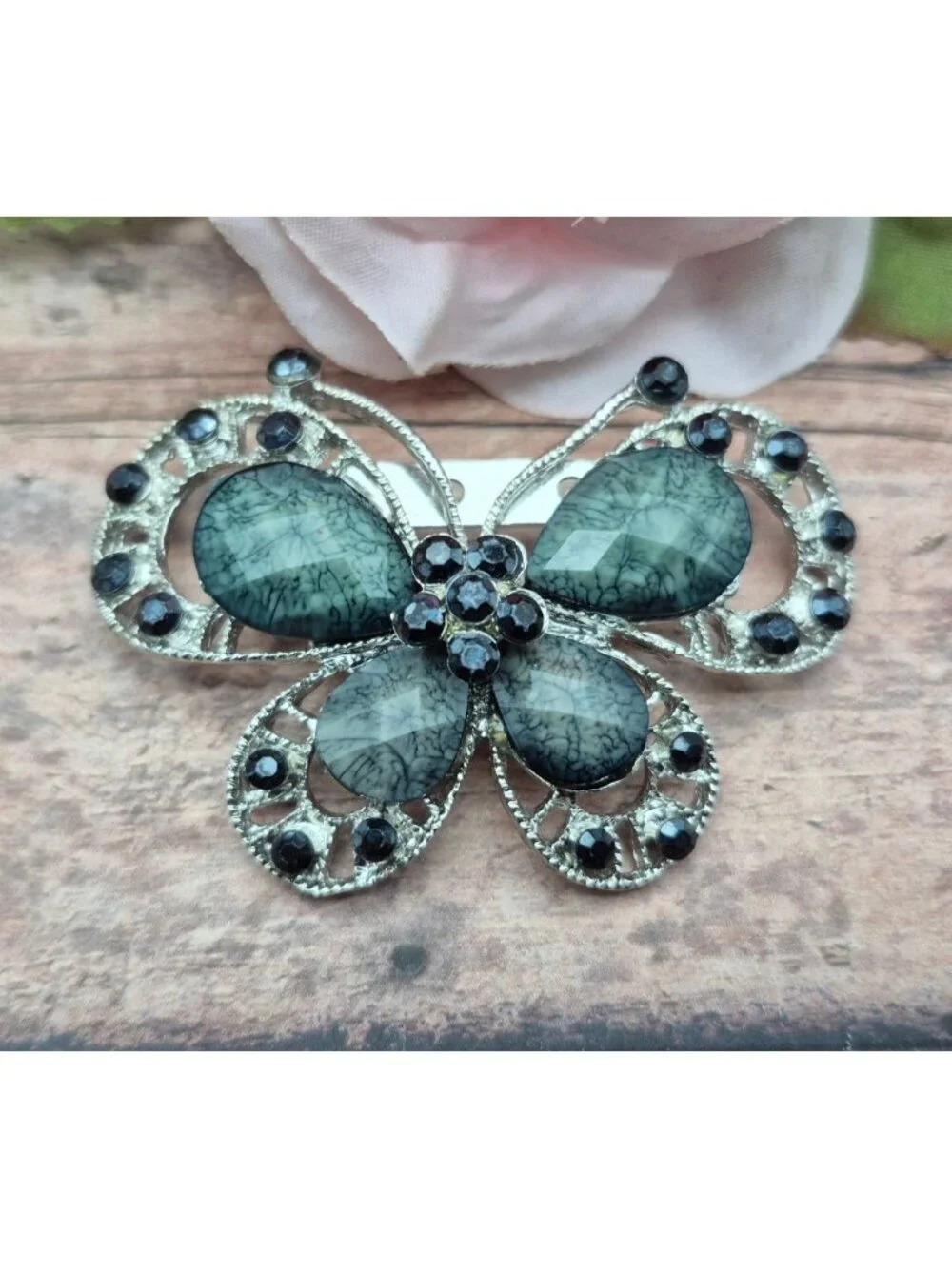 Vintage Butterfly Brooch Silver Tone Gray Marbled Cabochon Black Rhinestone Pin